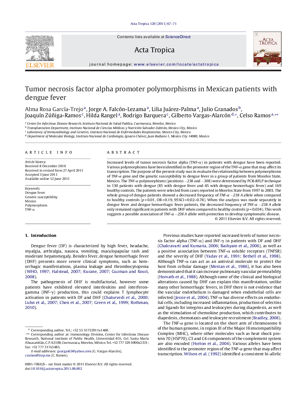 Tumor necrosis factor alpha promoter polymorphisms in Mexican patients with dengue fever