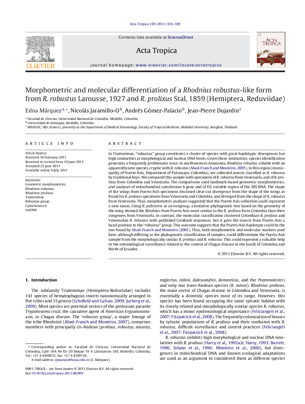 Morphometric and molecular differentiation of a Rhodnius robustus-like form from R. robustus Larousse, 1927 and R. prolixus Stal, 1859 (Hemiptera, Reduviidae)