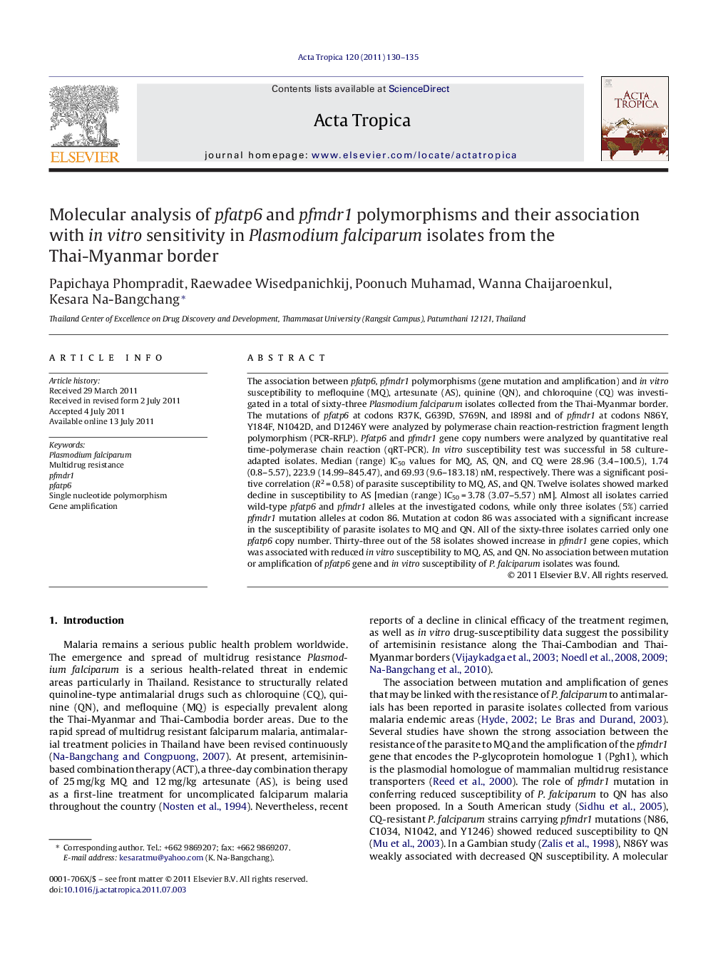 Molecular analysis of pfatp6 and pfmdr1 polymorphisms and their association with in vitro sensitivity in Plasmodium falciparum isolates from the Thai-Myanmar border