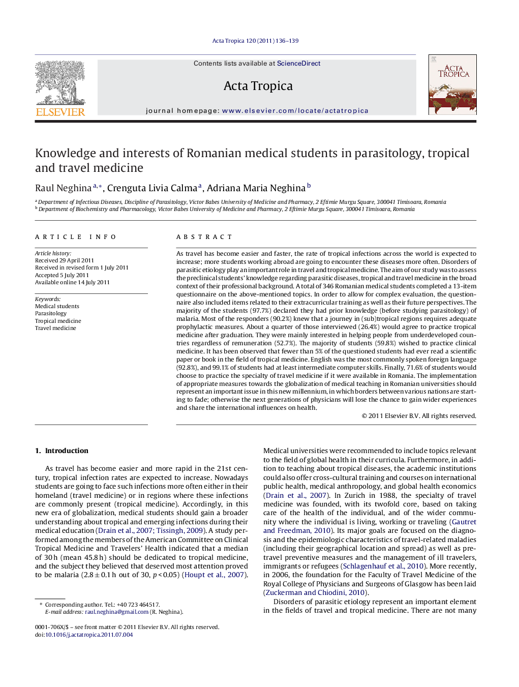 Knowledge and interests of Romanian medical students in parasitology, tropical and travel medicine