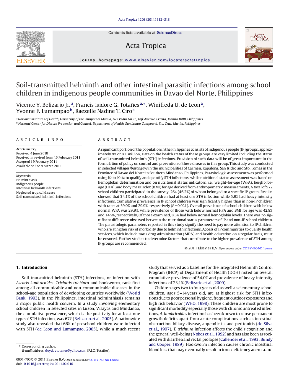 Soil-transmitted helminth and other intestinal parasitic infections among school children in indigenous people communities in Davao del Norte, Philippines