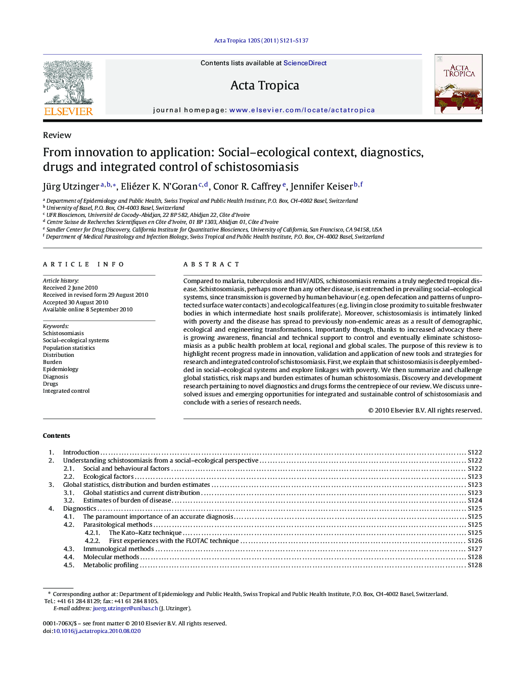 From innovation to application: Social-ecological context, diagnostics, drugs and integrated control of schistosomiasis