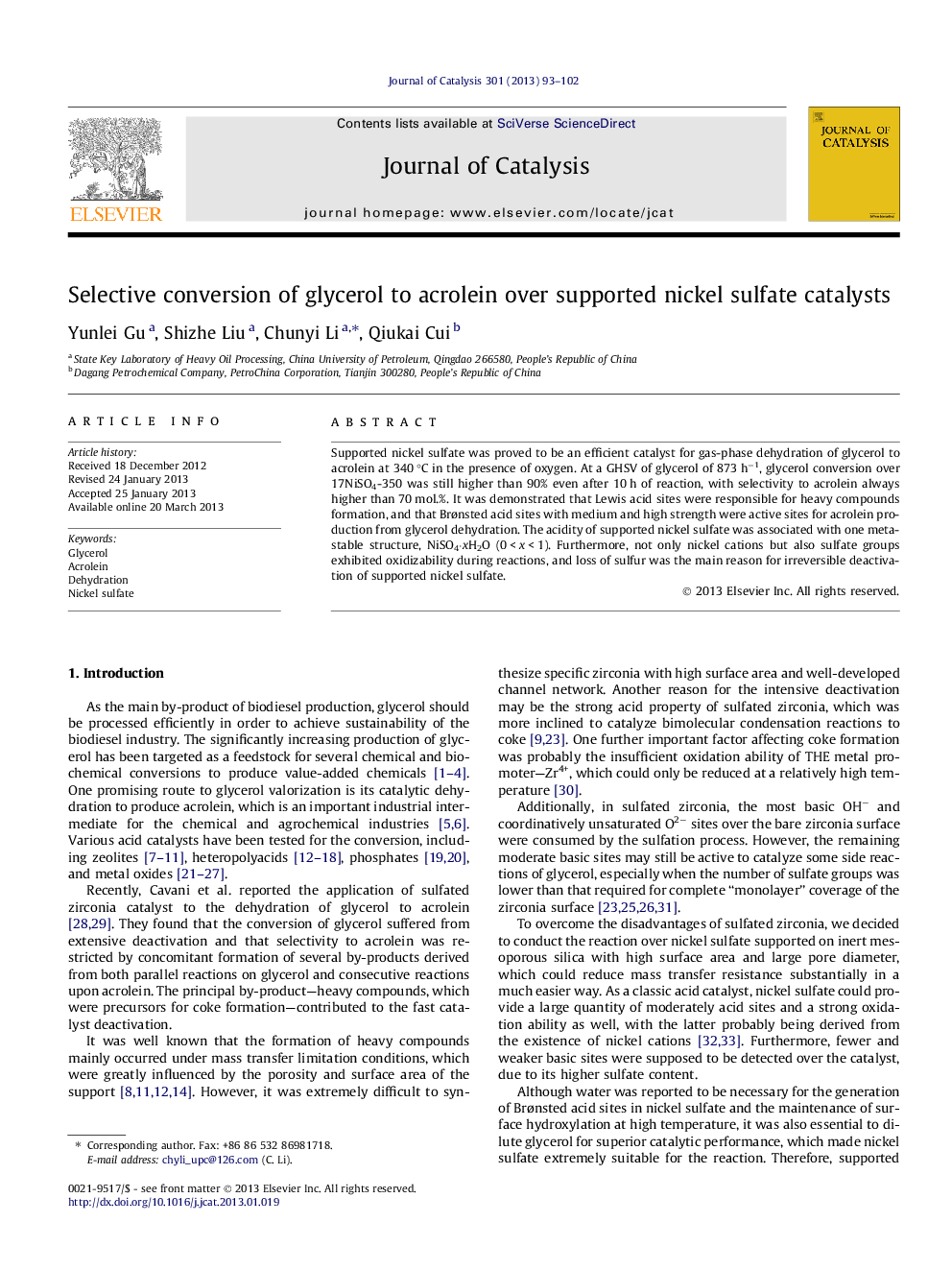 Selective conversion of glycerol to acrolein over supported nickel sulfate catalysts