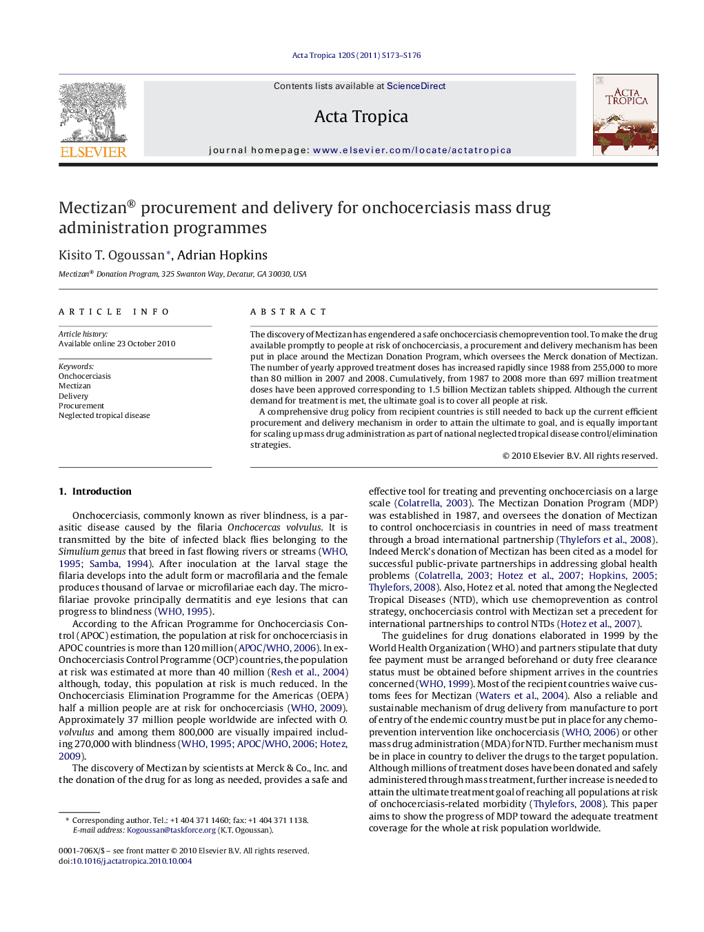 Mectizan® procurement and delivery for onchocerciasis mass drug administration programmes