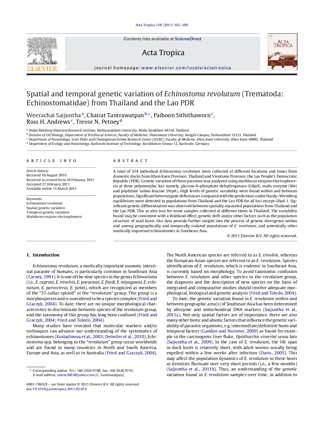 Spatial and temporal genetic variation of Echinostoma revolutum (Trematoda: Echinostomatidae) from Thailand and the Lao PDR