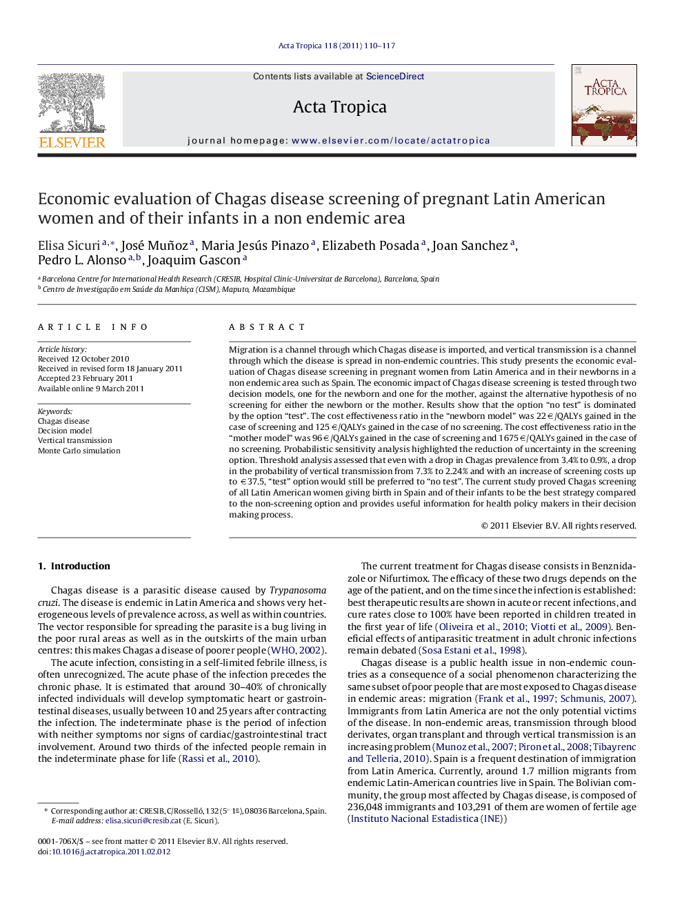 Economic evaluation of Chagas disease screening of pregnant Latin American women and of their infants in a non endemic area