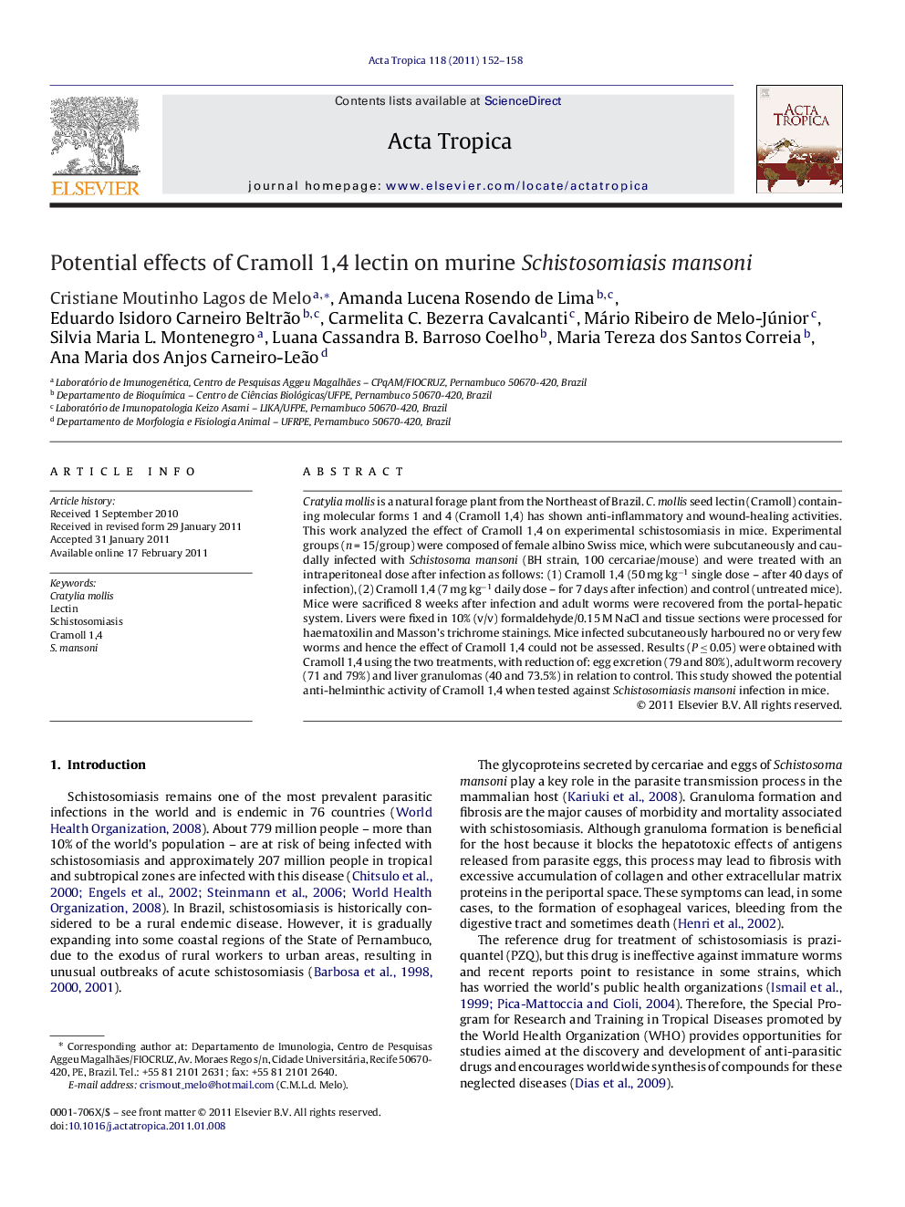 Potential effects of Cramoll 1,4 lectin on murine Schistosomiasis mansoni