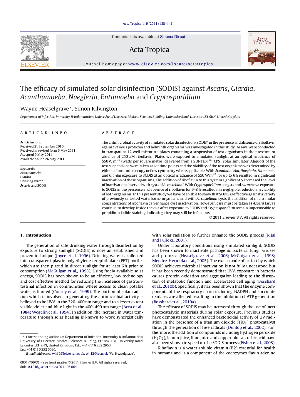 The efficacy of simulated solar disinfection (SODIS) against Ascaris, Giardia, Acanthamoeba, Naegleria, Entamoeba and Cryptosporidium