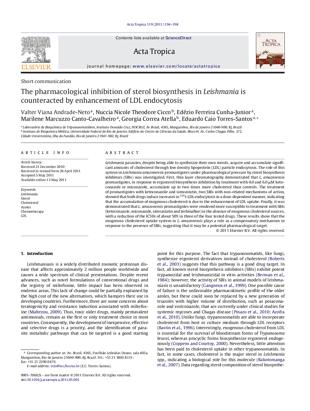 The pharmacological inhibition of sterol biosynthesis in Leishmania is counteracted by enhancement of LDL endocytosis