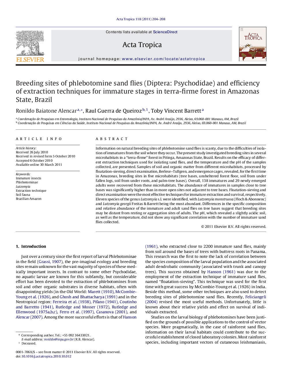 Breeding sites of phlebotomine sand flies (Diptera: Psychodidae) and efficiency of extraction techniques for immature stages in terra-firme forest in Amazonas State, Brazil