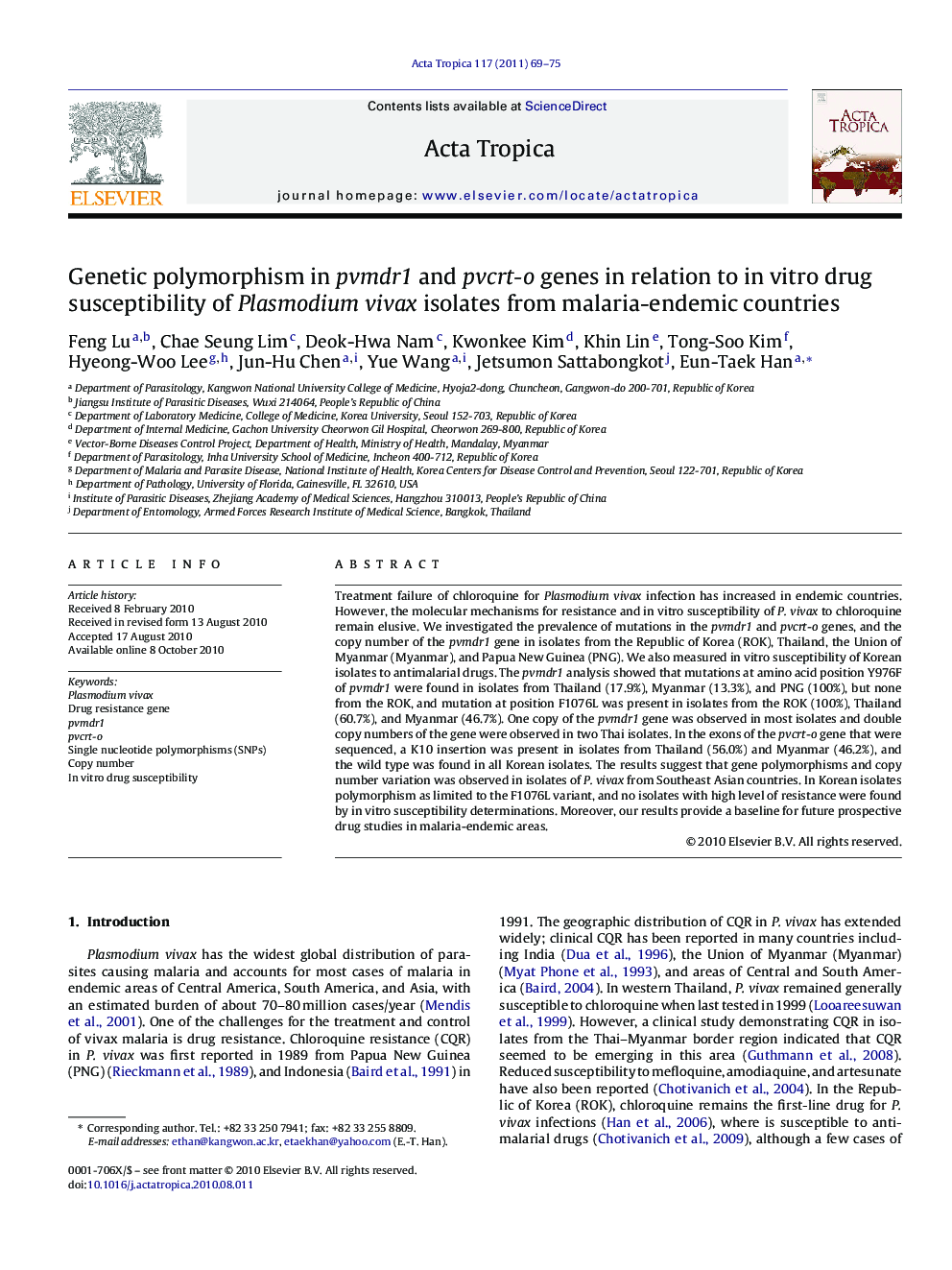 Genetic polymorphism in pvmdr1 and pvcrt-o genes in relation to in vitro drug susceptibility of Plasmodium vivax isolates from malaria-endemic countries