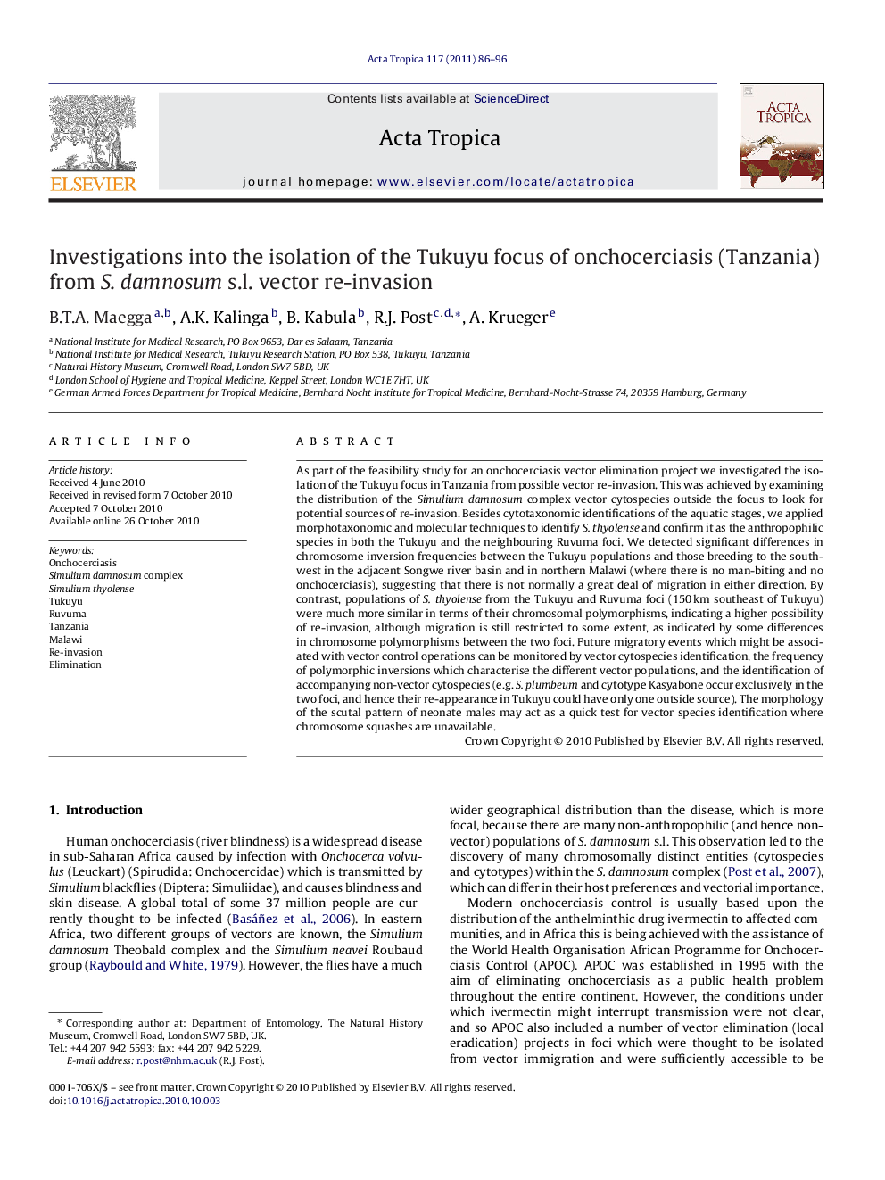 Investigations into the isolation of the Tukuyu focus of onchocerciasis (Tanzania) from S. damnosum s.l. vector re-invasion