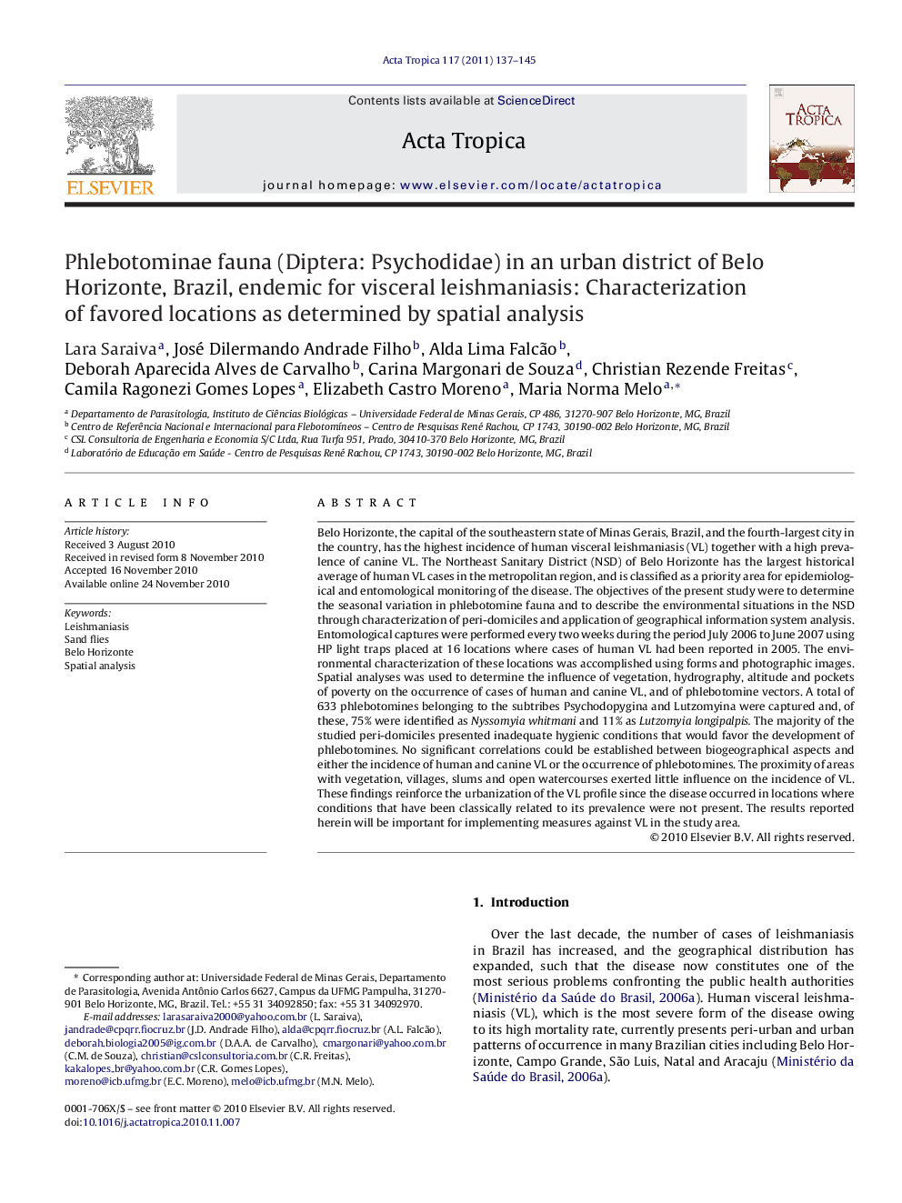 Phlebotominae fauna (Diptera: Psychodidae) in an urban district of Belo Horizonte, Brazil, endemic for visceral leishmaniasis: Characterization of favored locations as determined by spatial analysis