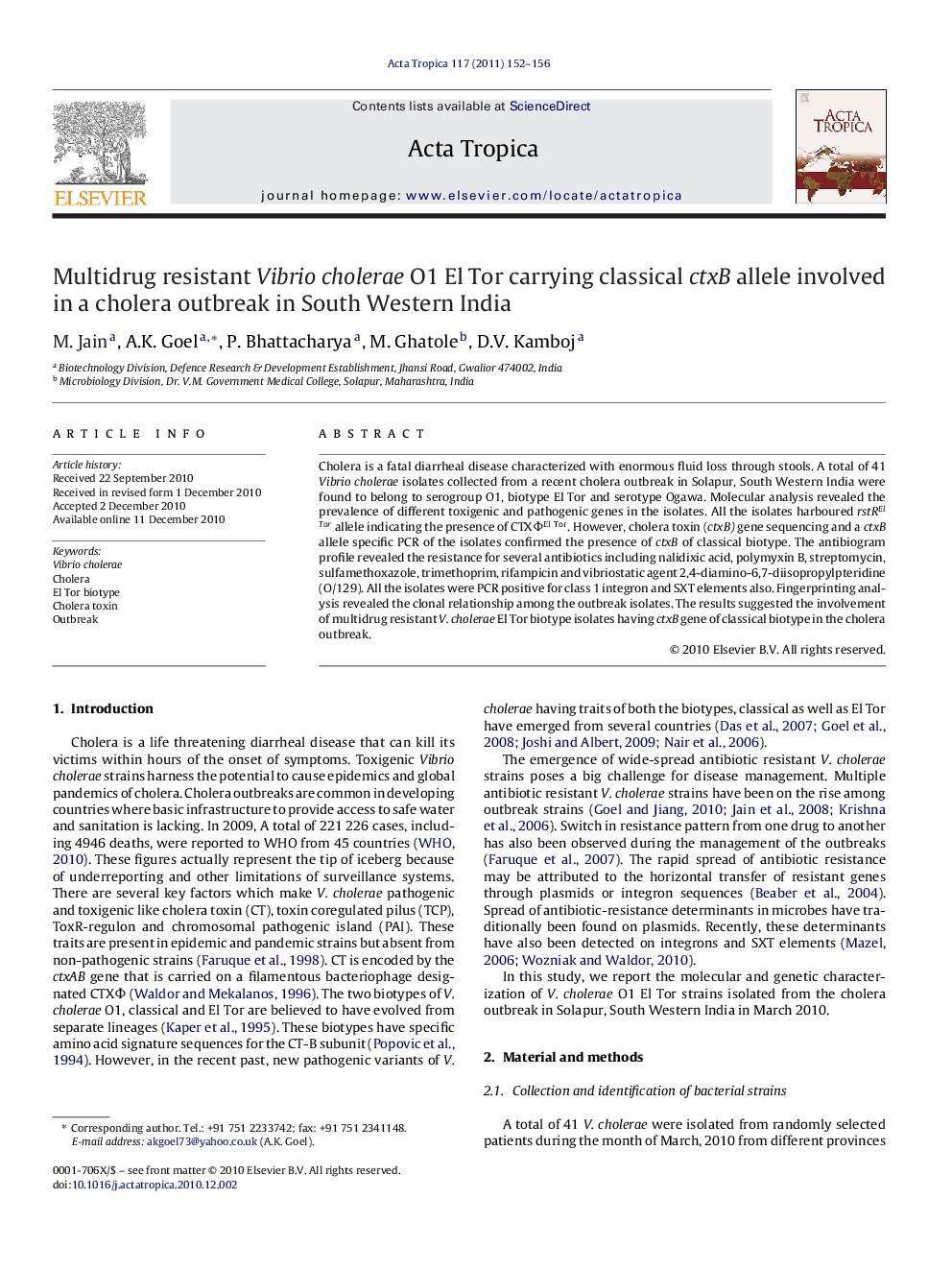 Multidrug resistant Vibrio cholerae O1 El Tor carrying classical ctxB allele involved in a cholera outbreak in South Western India