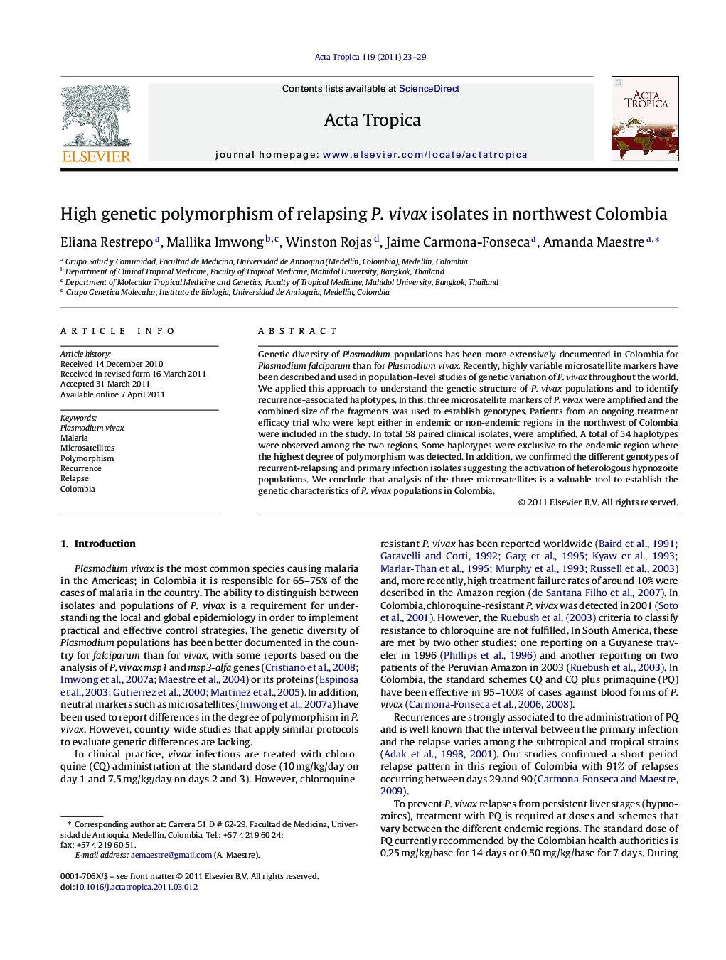 High genetic polymorphism of relapsing P. vivax isolates in northwest Colombia