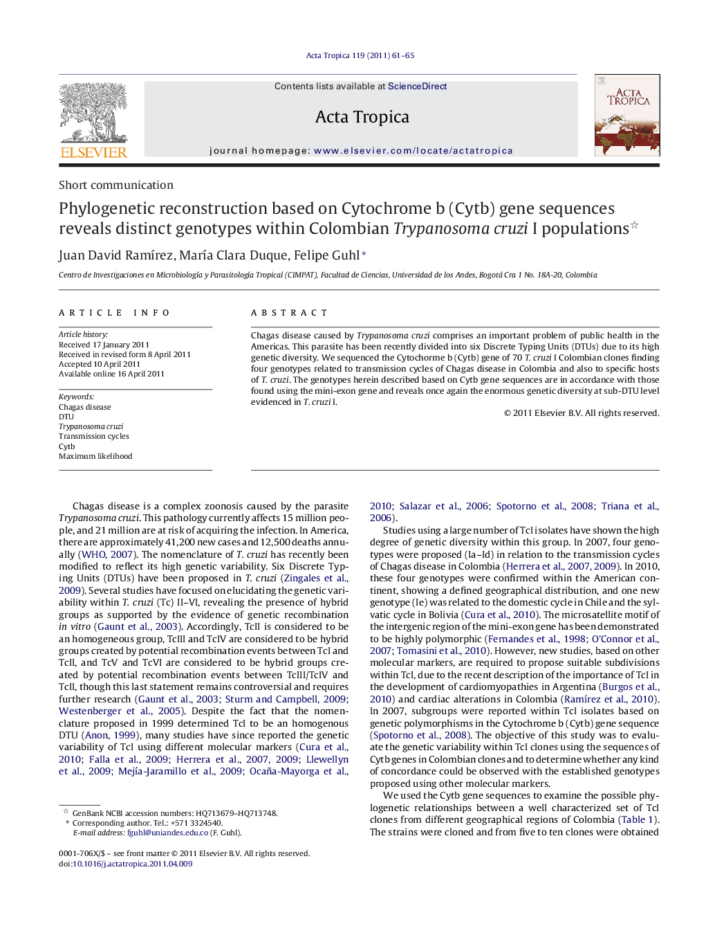 Phylogenetic reconstruction based on Cytochrome b (Cytb) gene sequences reveals distinct genotypes within Colombian Trypanosoma cruzi I populations