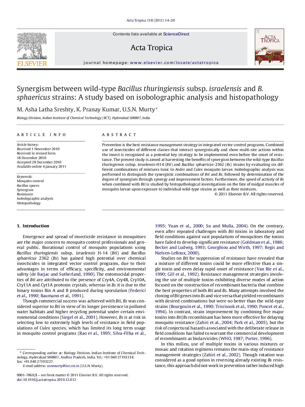 Synergism between wild-type Bacillus thuringiensis subsp. israelensis and B. sphaericus strains: A study based on isobolographic analysis and histopathology