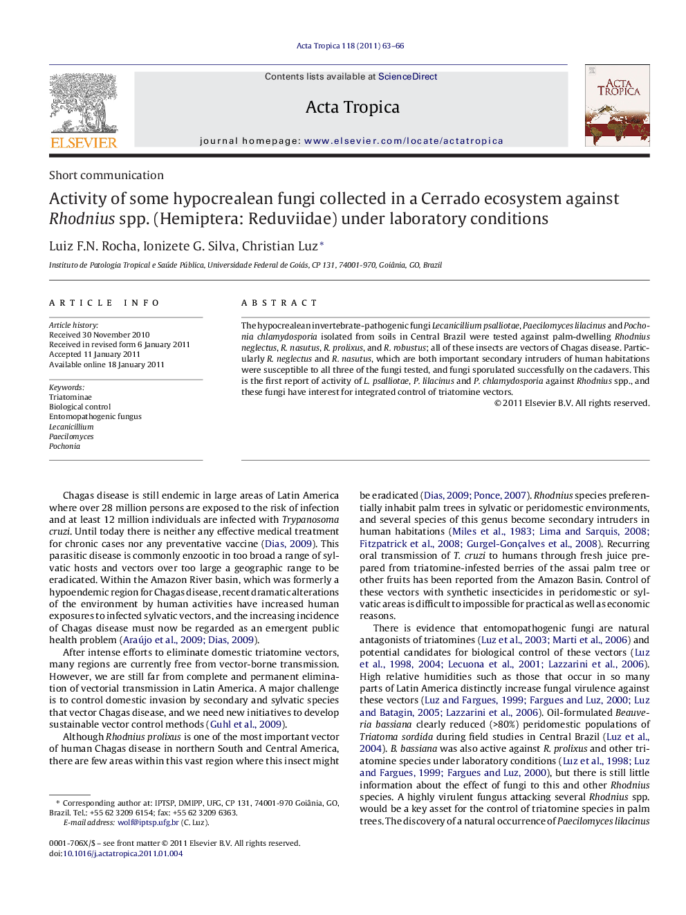 Activity of some hypocrealean fungi collected in a Cerrado ecosystem against Rhodnius spp. (Hemiptera: Reduviidae) under laboratory conditions