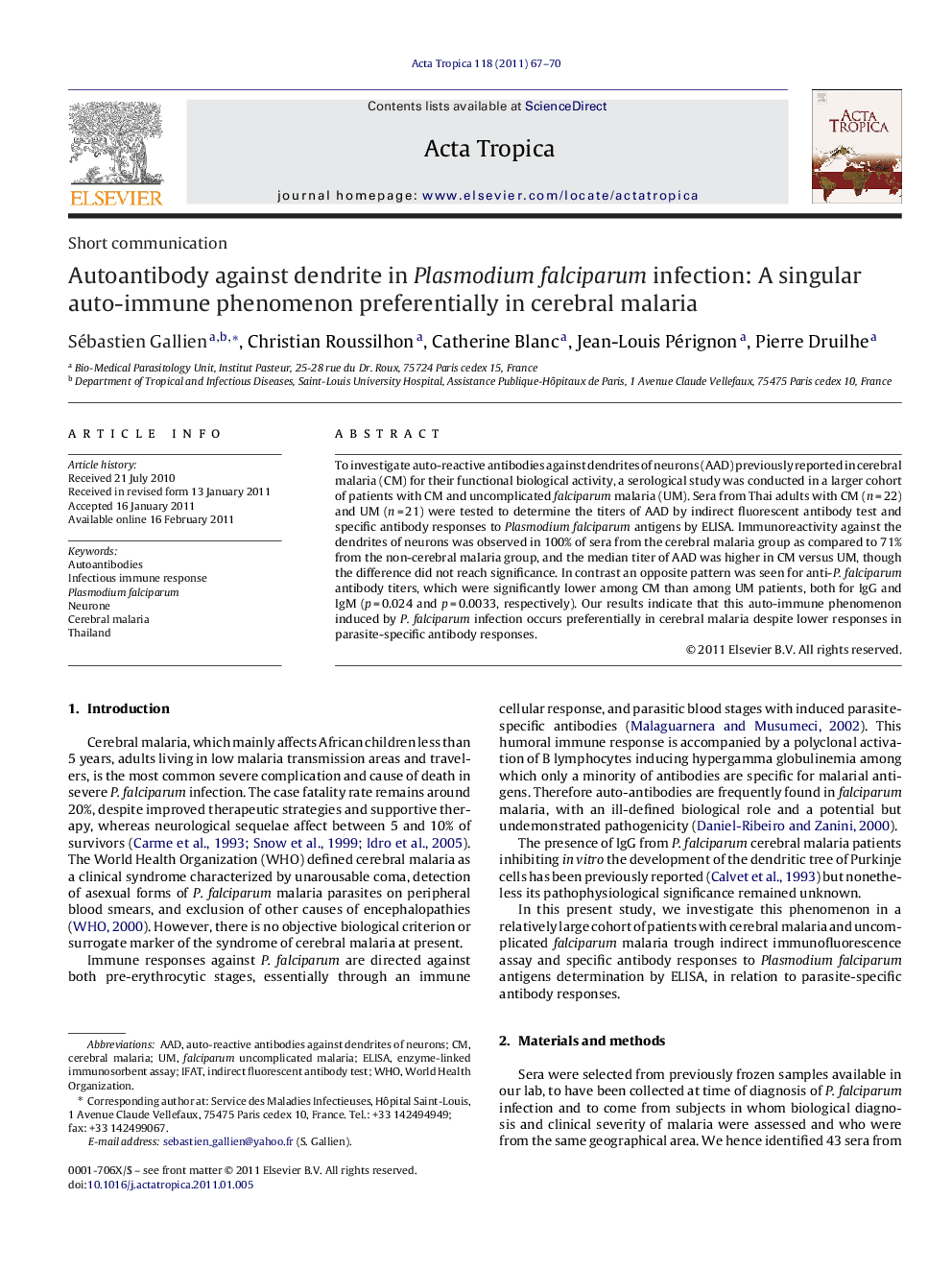 Autoantibody against dendrite in Plasmodium falciparum infection: A singular auto-immune phenomenon preferentially in cerebral malaria