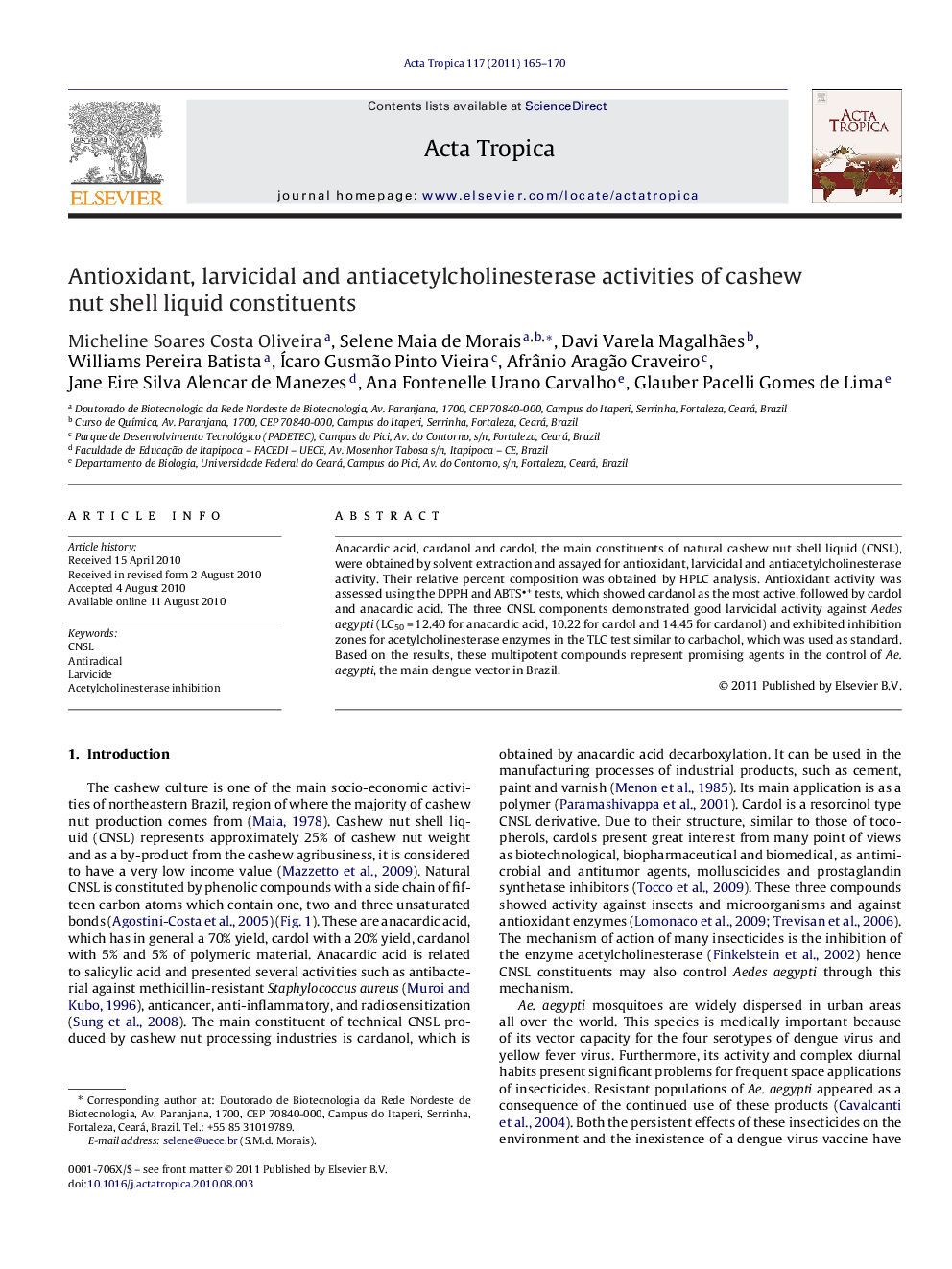 Antioxidant, larvicidal and antiacetylcholinesterase activities of cashew nut shell liquid constituents