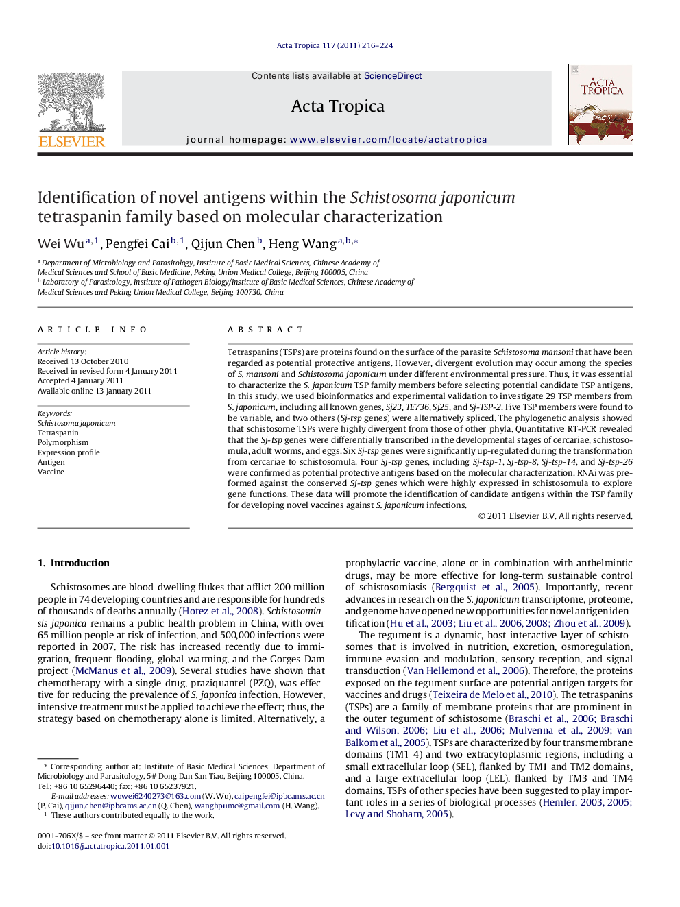 Identification of novel antigens within the Schistosoma japonicum tetraspanin family based on molecular characterization