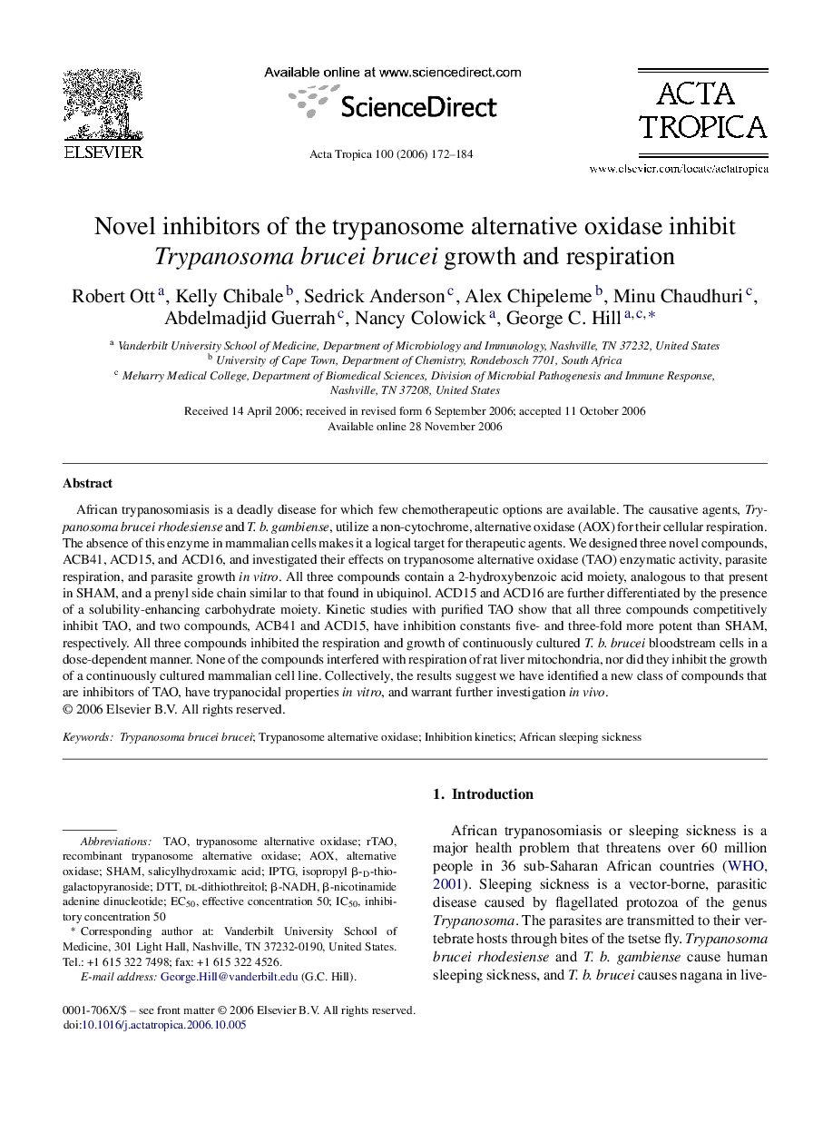 Novel inhibitors of the trypanosome alternative oxidase inhibit Trypanosoma brucei brucei growth and respiration