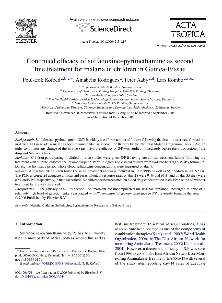 Continued efficacy of sulfadoxine-pyrimethamine as second line treatment for malaria in children in Guinea-Bissau