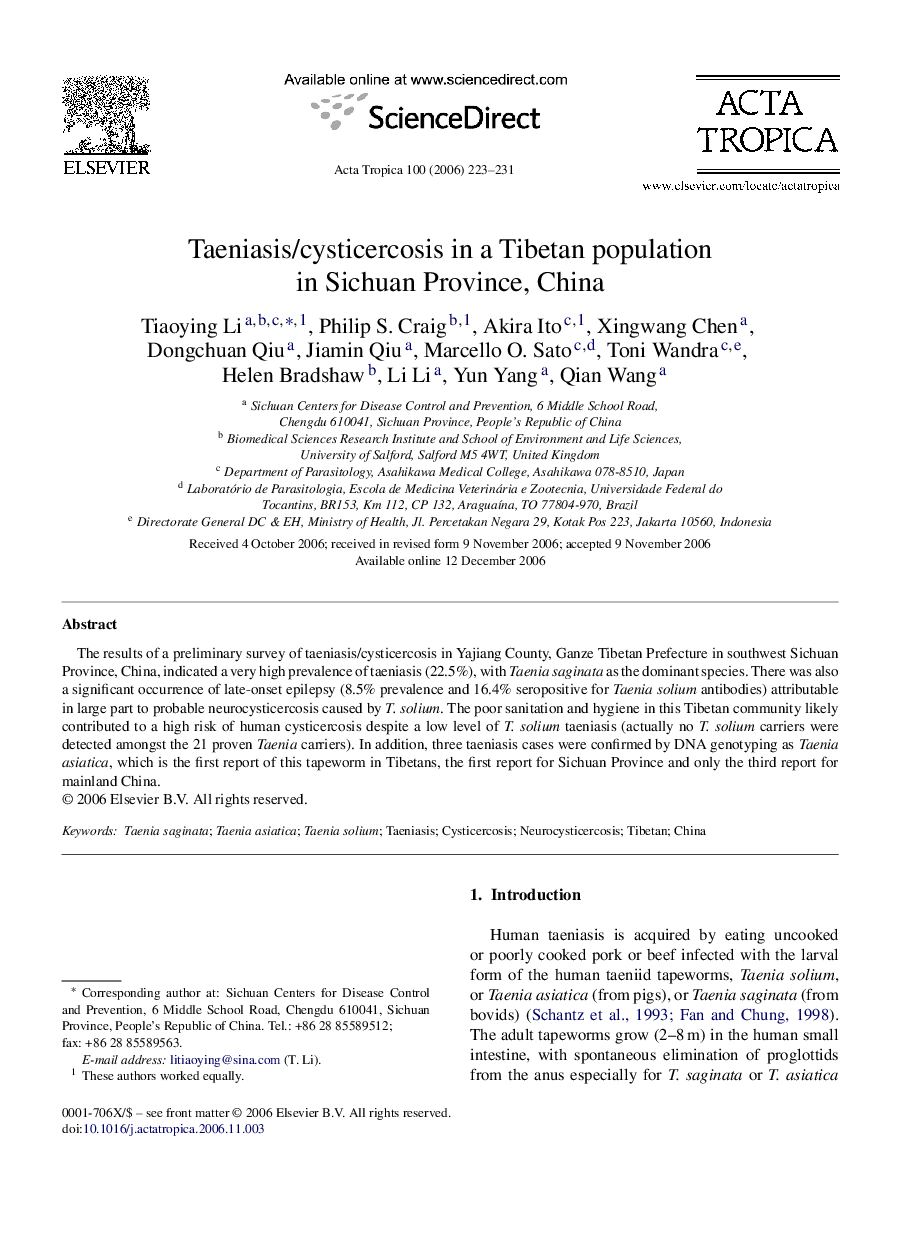 Taeniasis/cysticercosis in a Tibetan population in Sichuan Province, China