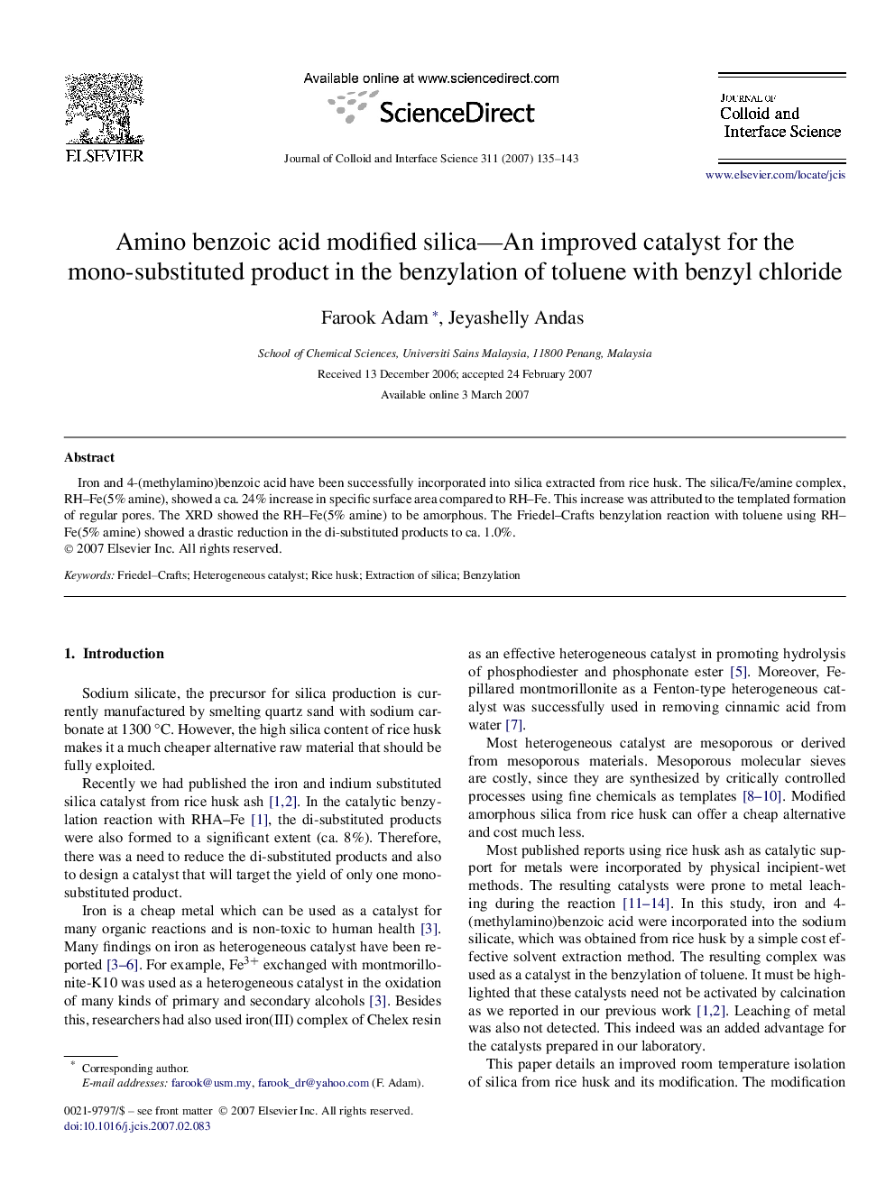 Amino benzoic acid modified silica—An improved catalyst for the mono-substituted product in the benzylation of toluene with benzyl chloride