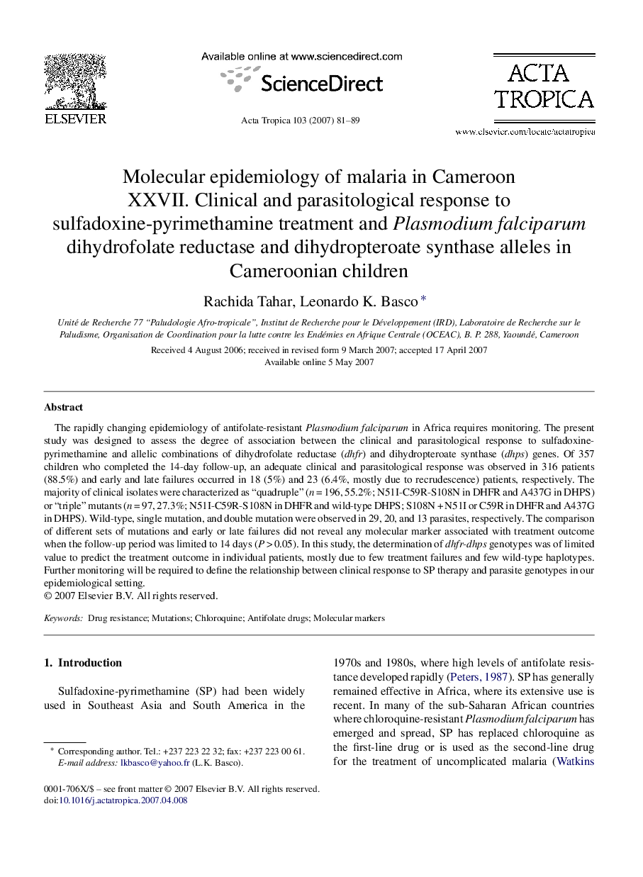 Molecular epidemiology of malaria in Cameroon