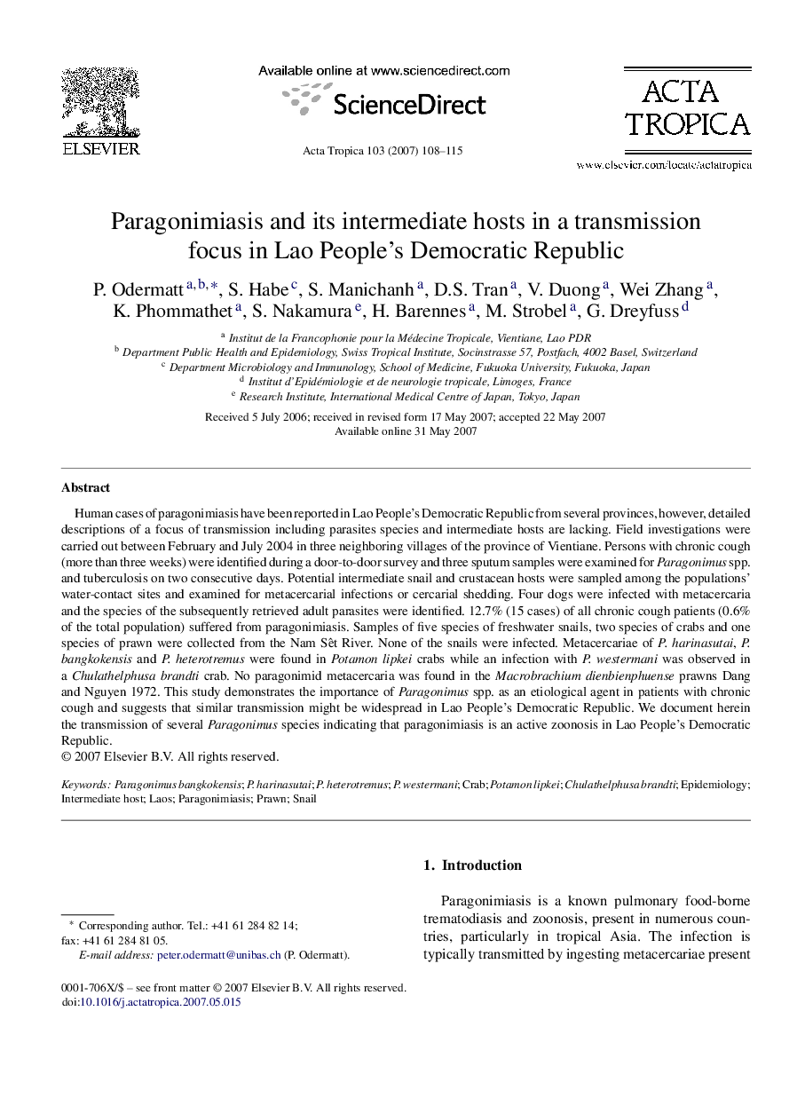 Paragonimiasis and its intermediate hosts in a transmission focus in Lao People's Democratic Republic