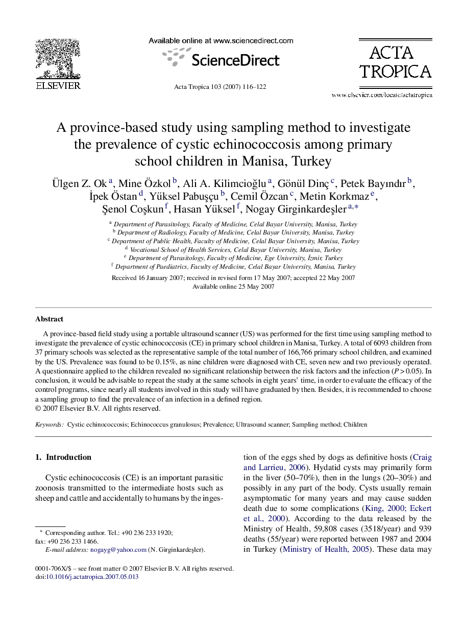 A province-based study using sampling method to investigate the prevalence of cystic echinococcosis among primary school children in Manisa, Turkey