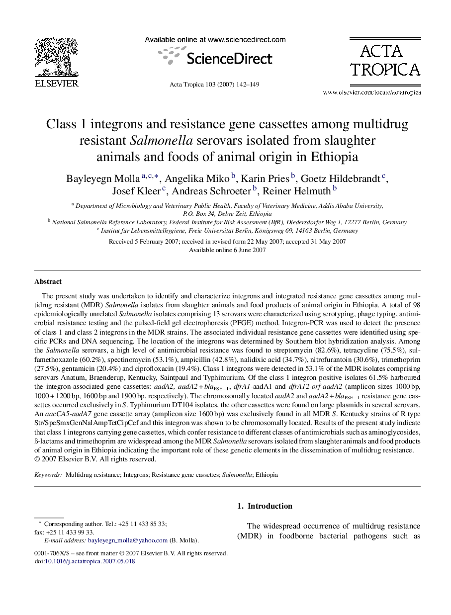 Class 1 integrons and resistance gene cassettes among multidrug resistant Salmonella serovars isolated from slaughter animals and foods of animal origin in Ethiopia