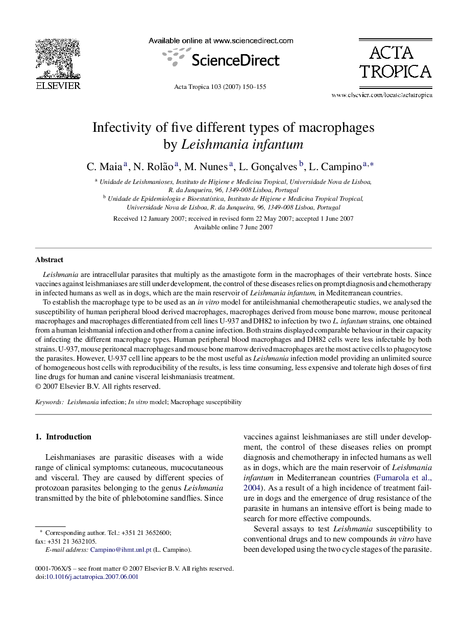 Infectivity of five different types of macrophages by Leishmania infantum