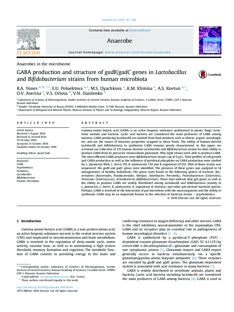 GABA production and structure of gadB/gadC genes in Lactobacillus and Bifidobacterium strains from human microbiota