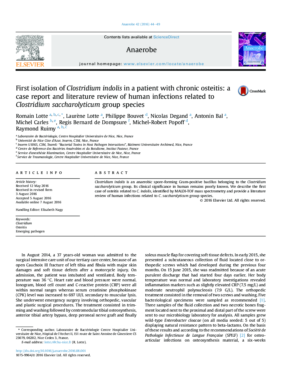 First isolation of Clostridium indolis in a patient with chronic osteitis: a case report and literature review of human infections related to Clostridium saccharolyticum group species