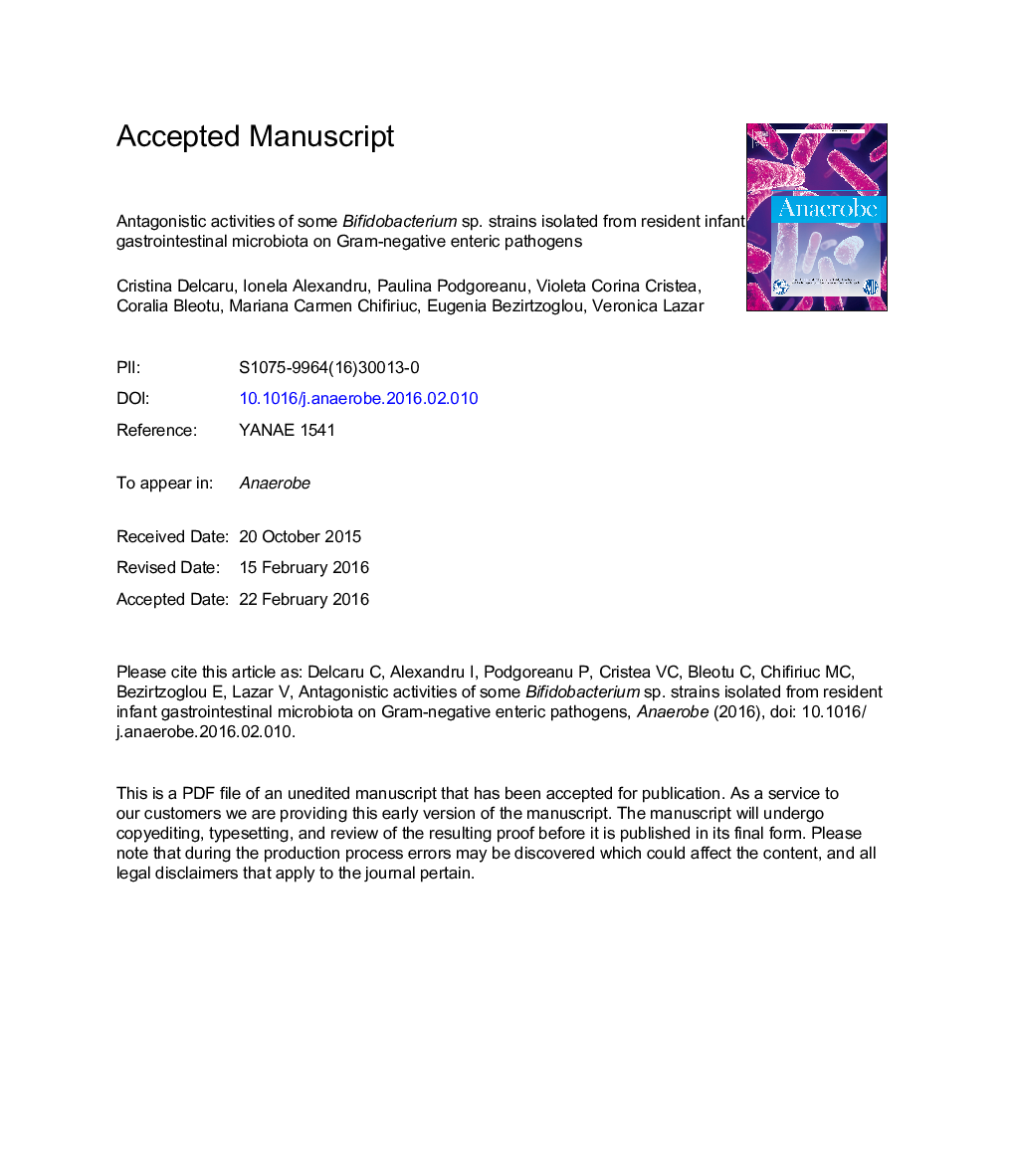 Antagonistic activities of some Bifidobacterium sp. strains isolated from resident infant gastrointestinal microbiota on Gram-negative enteric pathogens