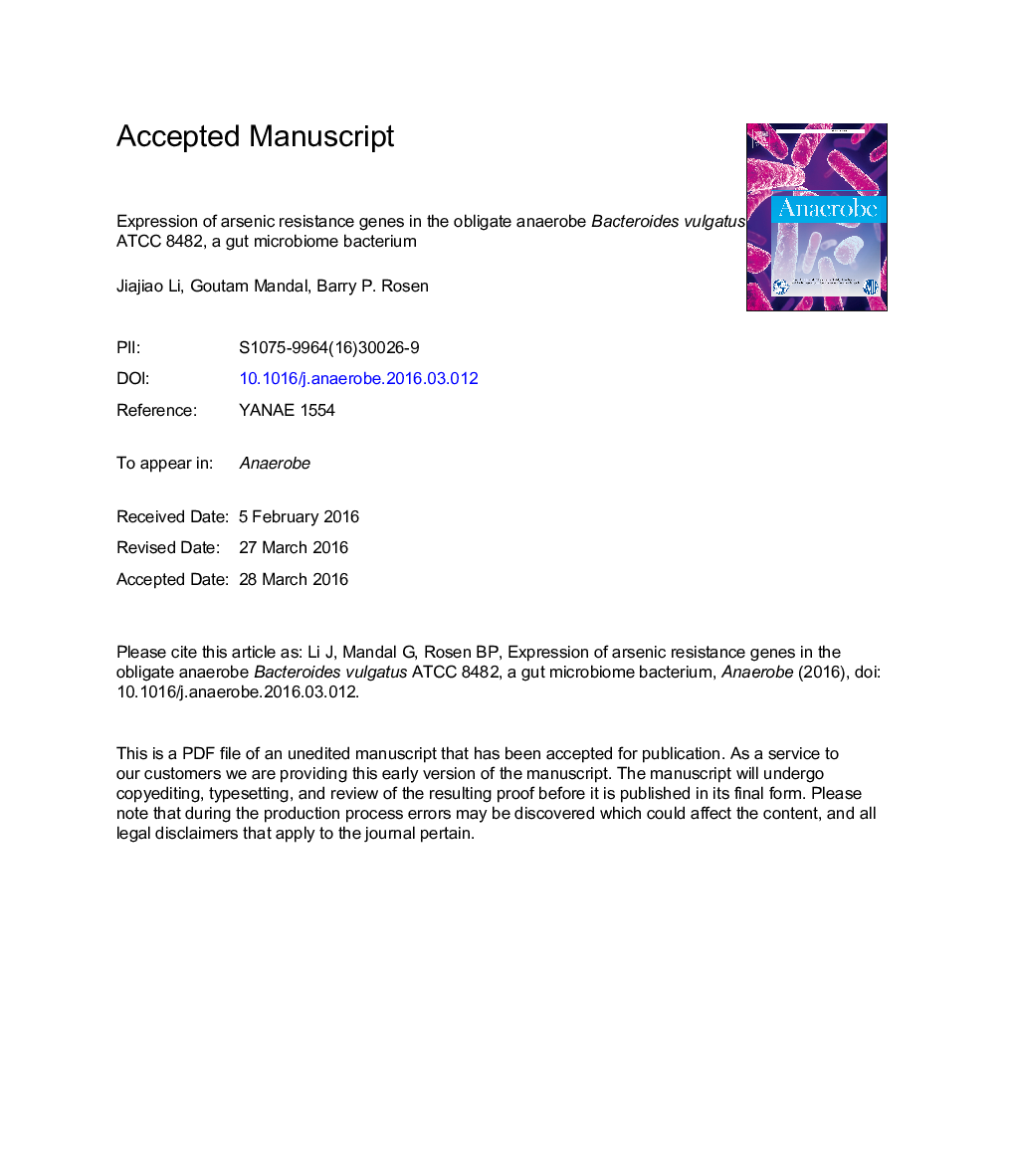 Expression of arsenic resistance genes in the obligate anaerobe Bacteroides vulgatus ATCC 8482, a gut microbiome bacterium