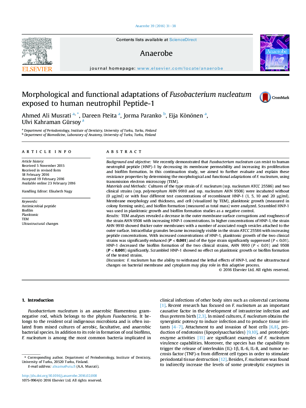 سازگاری های مورفولوژیک و عملکردی هسته فوزوباکتریوم در معرض نوتروفیل انسان پپتید-1 