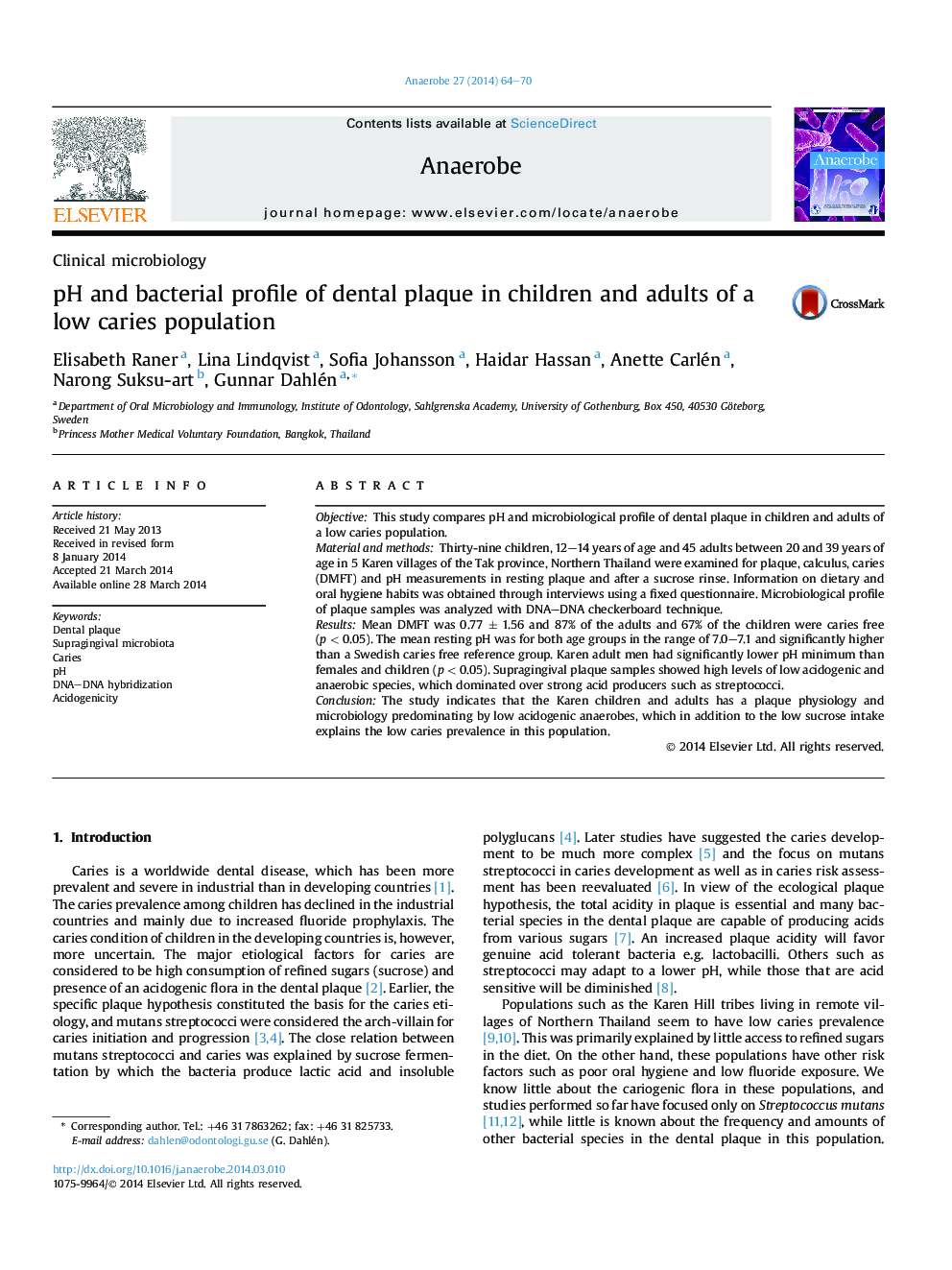 pH and bacterial profile of dental plaque in children and adults of a low caries population