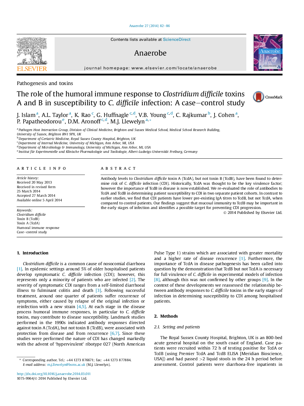 The role of the humoral immune response to Clostridium difficile toxins A and B in susceptibility to C. difficile infection: A case-control study