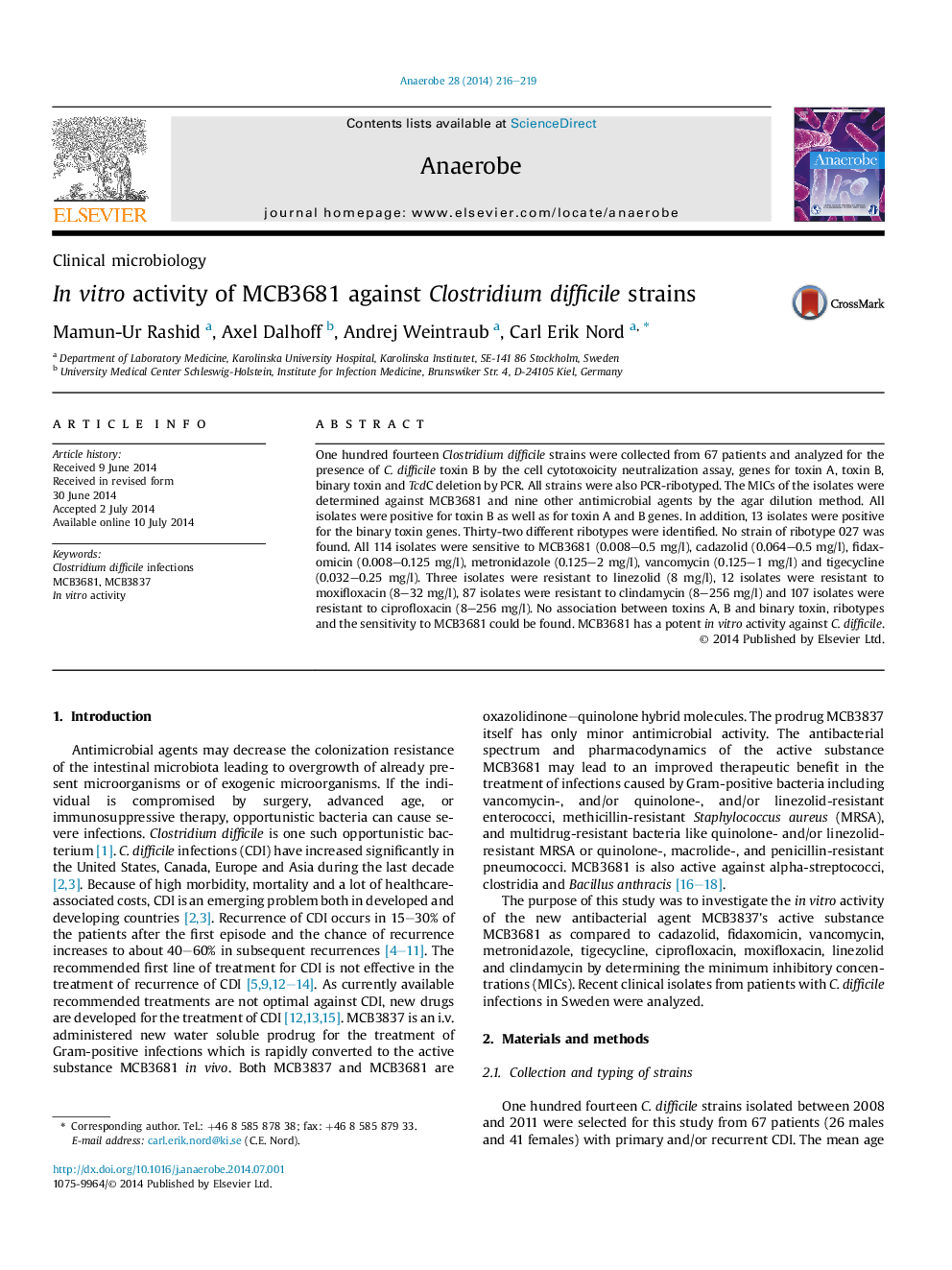 عکس صفحه اول مقاله: In vitro activity of MCB3681 against Clostridium difficile strains In vitro activity of MCB3681 against Clostridium difficile strains