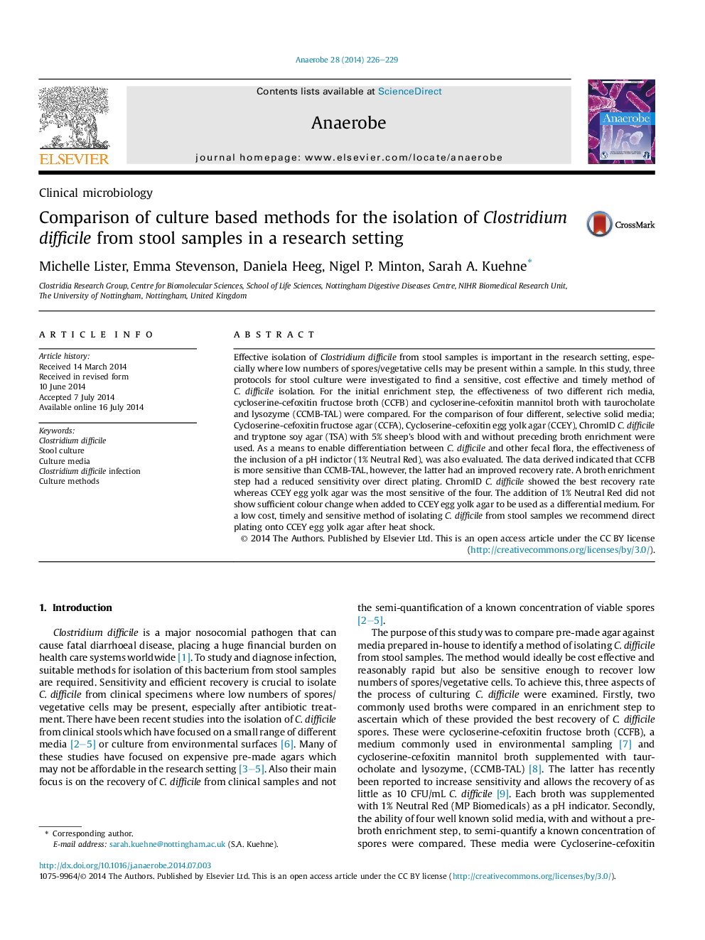 Comparison of culture based methods for the isolation of Clostridium difficile from stool samples in a research setting