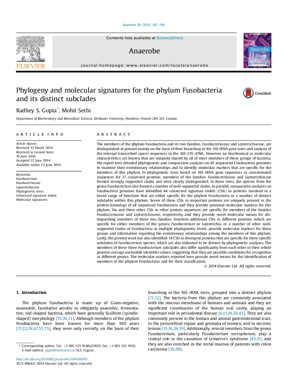 Phylogeny and molecular signatures for the phylum Fusobacteria and its distinct subclades