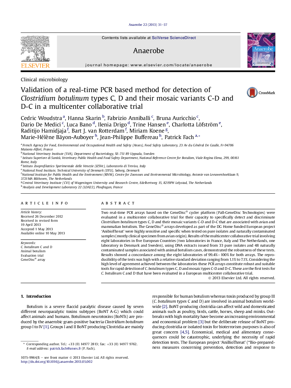 Validation of a real-time PCR based method for detection of Clostridium botulinum types C, D and their mosaic variants C-D and D-C in a multicenter collaborative trial