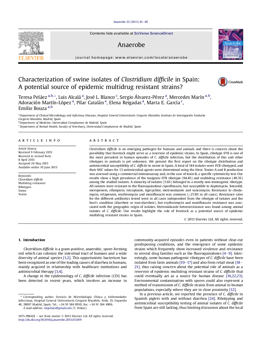 Characterization of swine isolates of Clostridium difficile in Spain: A potential source of epidemic multidrug resistant strains?