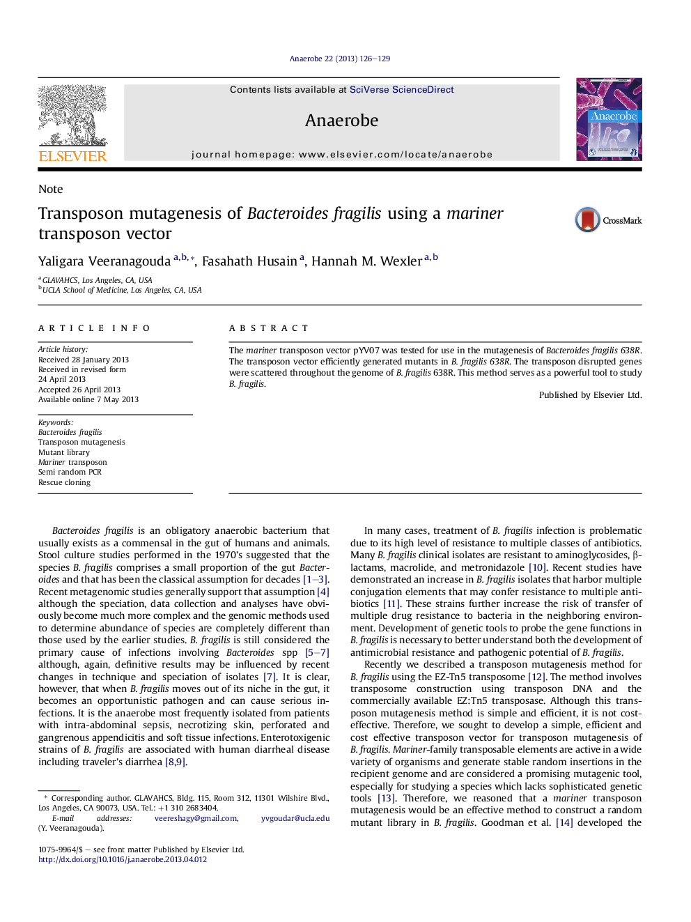 Transposon mutagenesis of Bacteroides fragilis using a mariner transposon vector