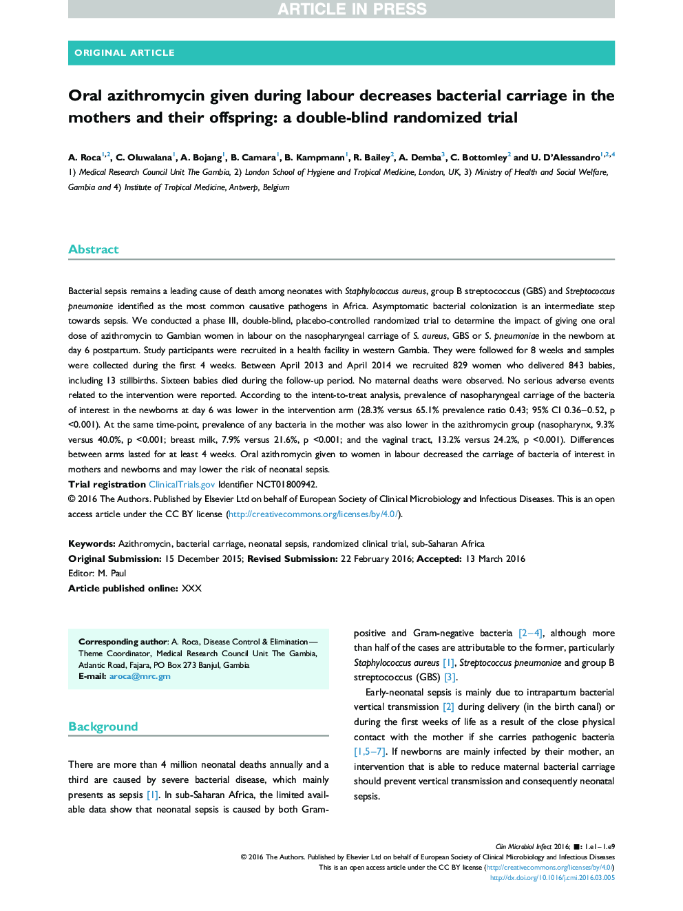 Oral azithromycin given during labour decreases bacterial carriage in the mothers and their offspring: a double-blind randomized trial