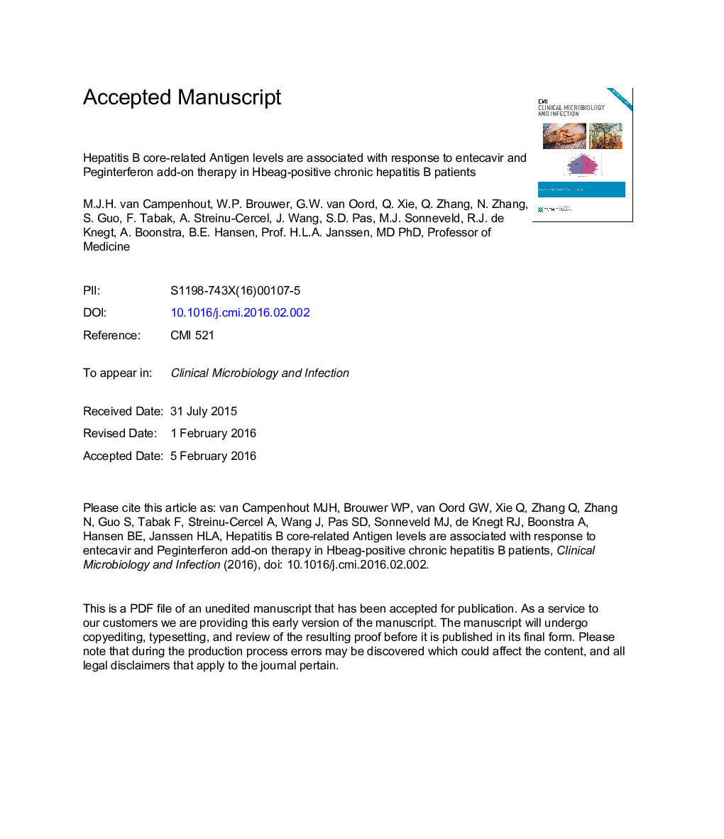 Hepatitis B core-related antigen levels are associated with response to entecavir and peginterferon add-on therapy in hepatitis B eÂ antigen-positive chronic hepatitis B patients