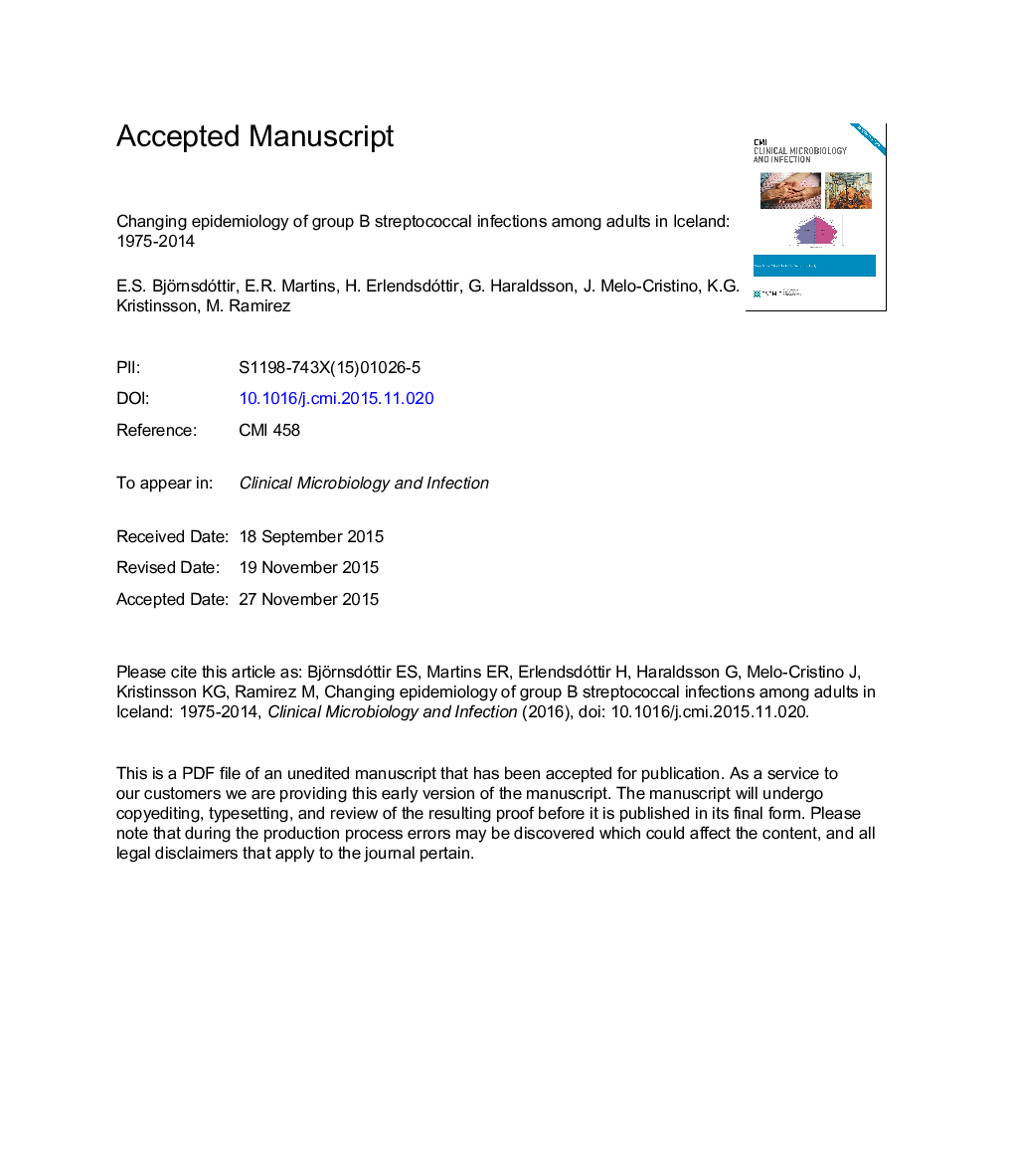 Changing epidemiology of group B streptococcal infections among adults in Iceland: 1975-2014